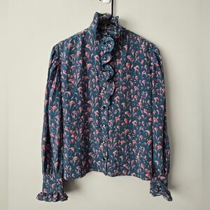 Vintage Emanuel Ungaro Silk Victorian Floral High Neck Ruffle Blouse